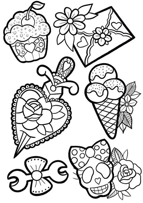 Girly Tattoo Outline, Girly Tattoo Stencils, Flash Coloring Pages, Tattoo Designs Traditional, Tattoo Designs Japanese, Traditional Tattoo Outline, Girly Tattoo, Dibujos Pin Up, Traditional Tattoo Designs