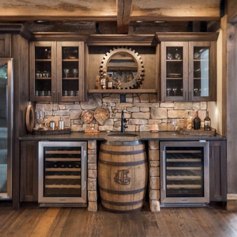 The 15 Coolest Basement Bar Ideas - Rhythm of the Home Basement Bar And Laundry, Bar Room Wall Ideas, Tavern Basement Ideas, Mini Fridge In Basement, Game Room Bar Ideas Basement Designs, Basement Remodel Rustic, Family Room With Bar Area, Western Basement Bar, Basement Multiple Tv Wall Ideas