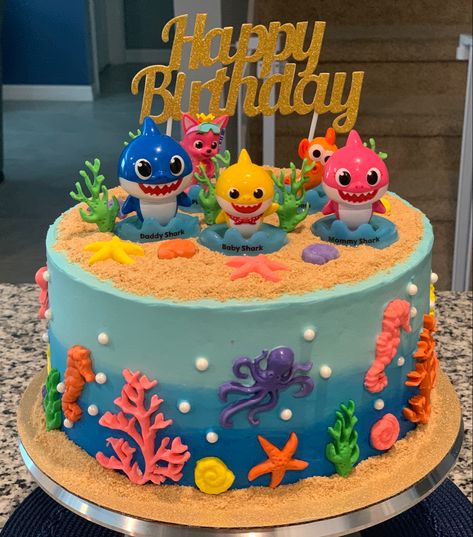 Baby Shark Smash Cake Boy, Baby Shark Torte, Baby Shark 2nd Birthday Cake, Baby Shark Birthday Cake Boy, Baby Shark Birthday Party Boy Cake, Babyshark Bday Party, Baby Shark Sheet Cake, Baby Shark Birthday Party Girl Cake, Baby Shark Cake Girl