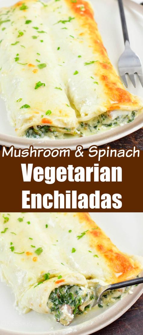 These Vegetarian Enchiladas are the ultimate comforting meatless meal. You will not miss the meat with these delicious, cheesy, creamy enchiladas. The filling is a simple mixture of spinach, mushrooms, shallots, and cheese all rolled into a soft tortilla and baked in a creamy sauce. Spinach Taquitos, Creamy Enchiladas, Mushroom Enchiladas, White Sauce Enchiladas, Creamy Enchilada, Vegetable Enchiladas, Veggie Enchiladas, Meals Without Meat, Spinach And Mushroom