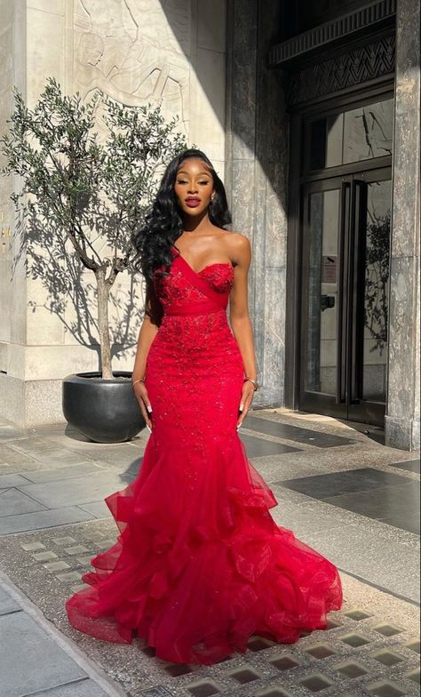 Long Red Formal Dress, Red Prom Dress Black Women, Icy Blue Prom Dress, Matric Dance Dresses South Africa, Red Prom Looks, Mariam Musa, Baddie Prom, Baddie Prom Dresses, Farewell Dresses