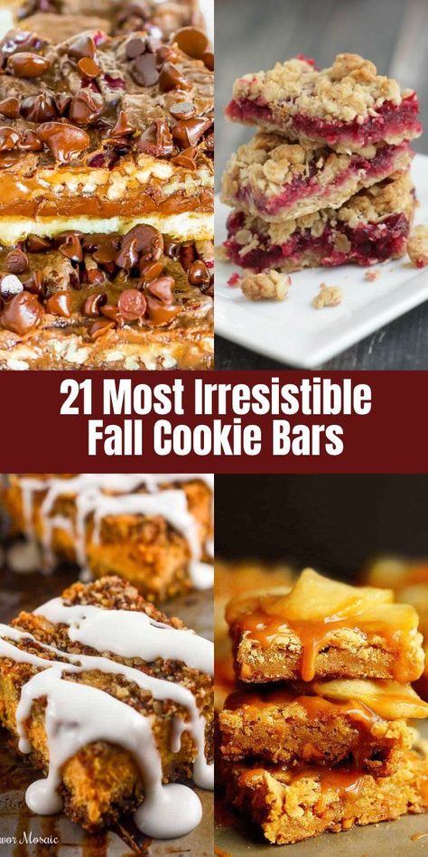 21 Most Irresistible Fall Cookie Bars Fall Cookie Bars, Fall Dessert Bar, Cookies And Bars, Fall Pies, Holiday Desserts Table, Types Of Desserts, Dessert Bar Recipe, Cheesecake Desserts, Fall Dessert Recipes