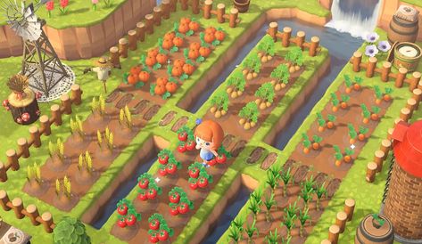 Animal Crossing Allotment Ideas, Potager Animal Crossing New Horizon, Animal Crossing Orchard Layout, Animal Crossing Natural Island, Animal Crossing Vegetable Garden, Acnh Farm Design Code, Acnh Garden Layout, Animal Crossing Farm Ideas, Acnh Neighborhood Designs Layout