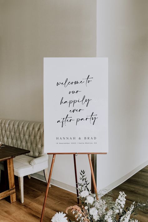 "Minimal Modern Wedding Welcome Sign, Happily Ever After Party Sign Template Download, Modern Elopement Welcome Sign, Editable Welcome Sign ¡This listing is for a digital file, no physical product will be shipped! Hi there! Welcome to Cartolina Design!  Get access to your template within minutes of purchase and create your perfect printable today!  DEMO Try before you buy! Copy and paste the following link into your browser: https://templett.com/design/demo/Cartolinadesign/23311103 WHAT YOU  GET This listing includes the following templates, which can be entirely edited by you: * Welcome Sign: 24\" x 36\" Please note:  * All templates are meant to be printed in actual size- 100%. If you desire a different size for any template, send me a message, I can change it for you! HOW IT WORKS Step Wedding Welcome Decorations, Happily Ever After Party Sign, Simple Wedding Welcome Sign, Wedding Sign Inspiration, Welcome Reception Sign, Elopement After Party, Wedding Sign Stand, Welcome Signs Wedding, Welcome Party Sign