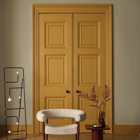 Mustard Entryway, Yellow Trim Interior, Yellow House Interior, Yellow Home Office, Dark Trim, Colorful Interior, Colorful Interior Design, Yellow Room, Yellow Trim