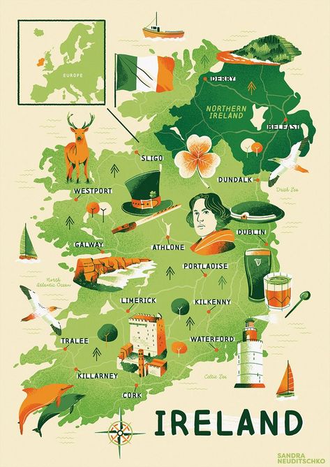 Us Map Illustration, Map Of Ireland Printable, Ireland Map Illustration, Cute Map Illustration, Illustrated City Map, Countries Illustration, Ireland Cities, Ireland Drawing, Illustrative Map