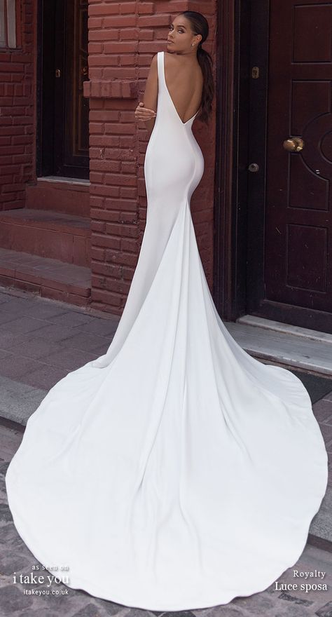 Luce Sposa 2020 Wedding Dresses — The Istanbul Campaign Collection Plain Trumpet Wedding Dress, Timeless Wedding Dress Open Back, Simple Backless Mermaid Wedding Dress, Mermaid Wedding Dress Minimalist, Long Slim Wedding Dress, Deep V Backless Wedding Dress, Slick White Wedding Dress, Sheath Wedding Dress With Train, Wedding Dress With A Train