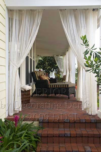 I want a porch with a swing & tress in the front yard! porch decorating ideas with curtains - Google Search Front Porch Curtains, Curtains Outdoor, Open Porch, Outdoor Drapes, Porch Enclosures, Porch Curtains, Patio Curtains, Enclosed Patio, Drop Cloth Curtains