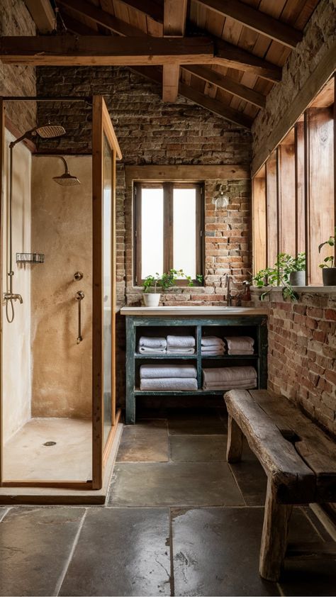 Simple Rustic Bathroom Ideas, Rustic Bathroom Tile Floor, Bathroom With Exposed Brick, Hunting Cabin Bathroom, Moody Rustic Bathroom, Log Cabin Bathroom Ideas Rustic, Quaint Farmhouse Interior, Rustic Spa Bathroom Ideas, Cabin Shower Ideas