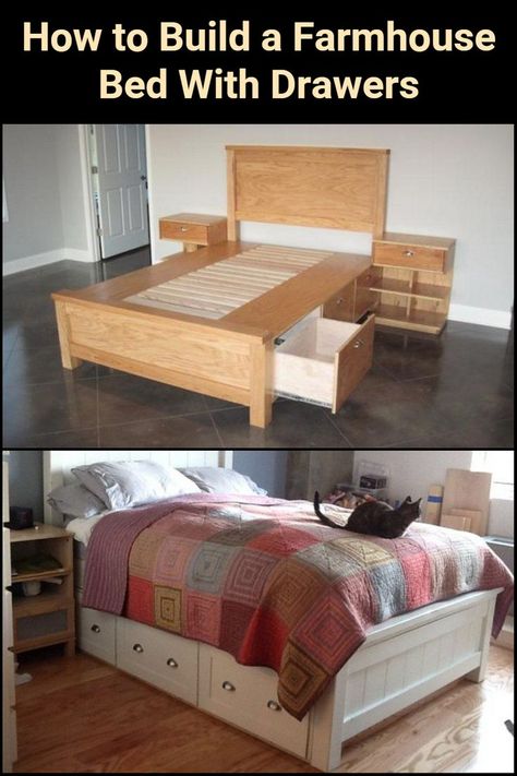 Need a good bed with storage? Then here's a DIY project for you. This farmhouse bed has drawers on both sides, offering lots of easy access storage. Whether you want storage space for rarely needed items or frequently used ones, this piece of furniture is a great storage solution for the bedroom! Platform Bed With Drawers Diy, Diy Bed With Storage, King Size Storage Bed Plans, Diy Double Bed, Farmhouse Bed With Drawers, Measurements For Queen Bed With Under Storage, King Size Bed Frame Diy Plans Storage Drawers, Wooden Bed Frames With Storage For Twin, Bedrooms Inspiration