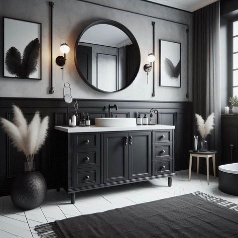 Black, White, and Grey Bathroom Black And Grey Restroom Ideas, White Grey And Black Bathroom, Grey Restroom Ideas, Black White And Grey Bathroom Ideas, Black White Grey Bathroom, White And Black Bathroom Ideas, White And Grey Bathroom Ideas, Black And Gray Bathroom, Modern Black And White Bathroom