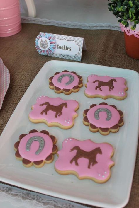 Decorated sugar cookies at a cowgirl birthday party! See more party ideas at CatchMyParty.com! Horse Party Cookies, Horse Theme Cookies, Pink Horse Birthday Party, Horse Party Ideas For Girls Diy, Girl Horse Birthday Party, Girl Horse Party, Country Birthday Party, Pink Cowgirl Party Amazon.com, Kentucky Derby Party Decorations