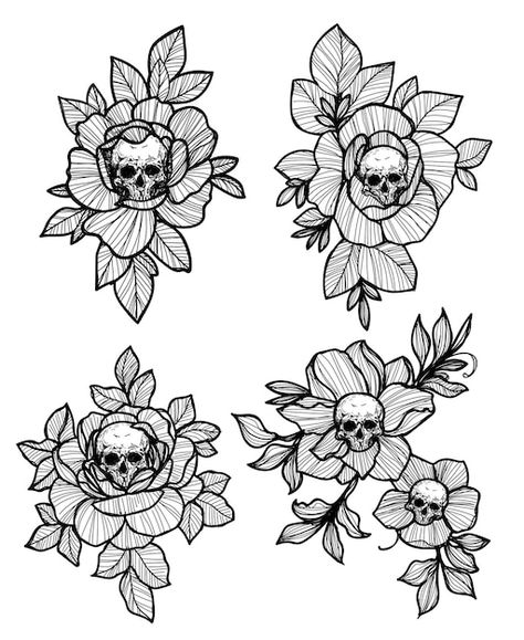 Tattoo art skull and flower hand drawing... | Premium Vector #Freepik #vector #skull-flower #skull-background #skull #skull-pattern Skull In Flowers Tattoo, Skull And Flower Tattoo, Skull Flower Tattoo, Goth Tattoos, Skull Tattoo Flowers, Flor Tattoo, Vector Tattoo, Flower Reference, Skeleton Flower