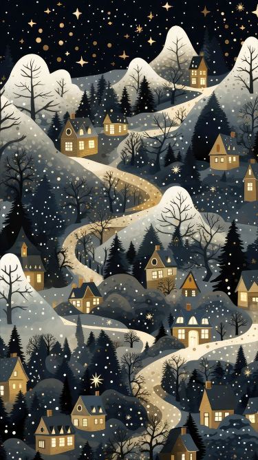 Christmas Village Wallpaper, Village Wallpaper, Images Hello Kitty, Whimsical Art Paintings, Illustration Christmas, Wallpaper Christmas, Christmas Illustrations, Winter Illustration, Christmas Phone Wallpaper