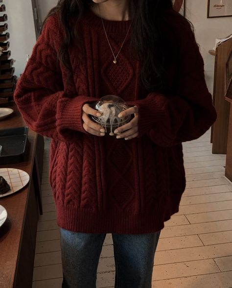 Big Red Sweater Outfit, Deep Red Sweater, Cherry Red Sweater, Deep Red Outfits, Dark Red Sweater Outfit, Red Knit Sweater Outfit, Red Sweater Outfit Winter, Red Sweatshirt Outfit, Red Jumper Outfit