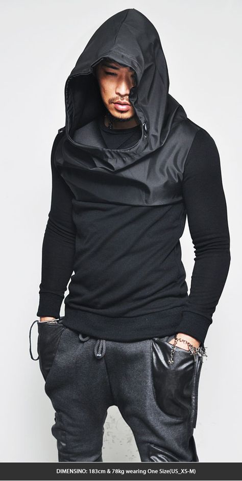 Tops :: Hoodies :: Oversized Big Hood Contrast Slim Pullover-Hoodie 55 - Mens Fashion Clothing For An Attractive Guy Look Mens Cyberpunk Fashion, Cloth Reference, Dystopian Cyberpunk, Mode Cyberpunk, Estilo Cyberpunk, Dystopian Fashion, Venom Comics, Cyberpunk Clothes, Black Hoodie Men