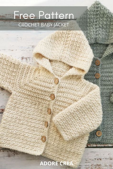 Free crochet pattern for this cute and comfortable crochet baby jacket. The Jacket is made soft alpaca. It is easy and fast to crochet, as it is made from the top down. #crochetbabyjacket #crochetbabyclothes #crochetbabysweaters #crochetforbaby #crochetpatternsforbaby #freecrochetpattern Free Knitting Patterns For Newborns, Newborn Crochet Cardigan Pattern Free, Newborn Crochet Sweater Patterns Free, Newborn Sweater Crochet Pattern Free, Crochet Baby Boy Sweater Free Pattern, Crochet Newborn Patterns, Baby Boy Crochet Patterns, Crochet Baby Sweaters Free Patterns, Free Crochet Baby Sweater Patterns