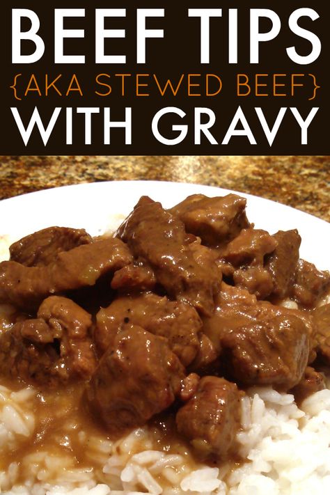 Stewed Beef (Beef Tips) with Gravy | A tried-and-true family recipe for stew beef or beef tips slow-cooked until tender with a rich gravy served over rice or noodles. #beeftips Beef Tips Onion Soup Crock Pot, Instant Pot Stew Meat And Gravy, Stew Meat Rice And Gravy, All Meat Stew Recipes, Meal Ideas With Stew Meat, Stewed Meat Recipes Crock Pot, Beef Tips With Lipton Onion Soup, Lipton Onion Soup Mix Beef Tips, Beefy Onion Soup Mix Gravy