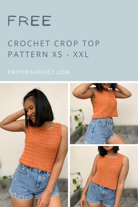 Easy crochet cropped top pattern includes US women's sizes XS-XXL. Simple two panel construction. Crochet Summer Crop Tops Free Patterns, Crochet A Summer Top, Simple Crochet Tank Top Pattern, Crochet Crop Tank Top Free Pattern, Crochet Tank Top Beginner, Simple Crochet Top Free Pattern, Scoop Neck Crochet Top Pattern, Triple Crochet Top, Free Crochet Crop Top Patterns For Women