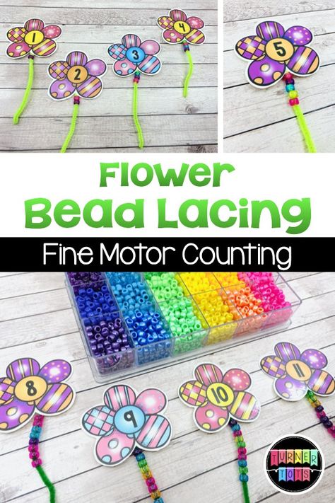 Lace pony beads on these numbered flowers for a fine motor counting activity with a garden theme! #activities for preschool #activity #activity for toddlers #preschool Plants Prek Activities, Pre K Plants Activities, Pre K Garden Activities, Plants Theme Preschool, Pre K Spring Activities, Seed Activities, Flower Math, Tk Ideas, March Preschool