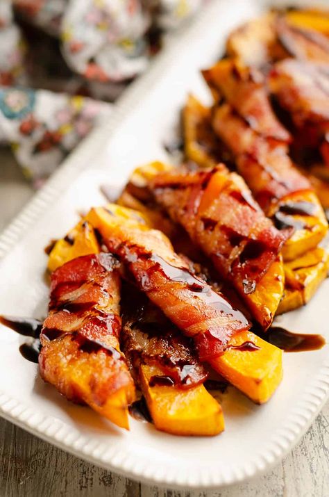 Squash Appetizer, Bacon Appetizer, App Ideas, Wrapped In Bacon, Bacon Appetizers, Amazing Appetizers, Appetizer Bites, Holiday Meal, Balsamic Glaze