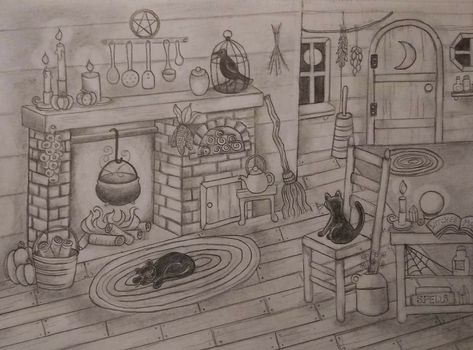 Inside Cottage Drawing, Witch Cottage Drawing, Witch Room Drawing, Witches Fireplace, Cottage Drawing Fairytale, Witchy Sketchbook, Witch House Drawing, Witch Cottage Interior, Cottagecore Drawing