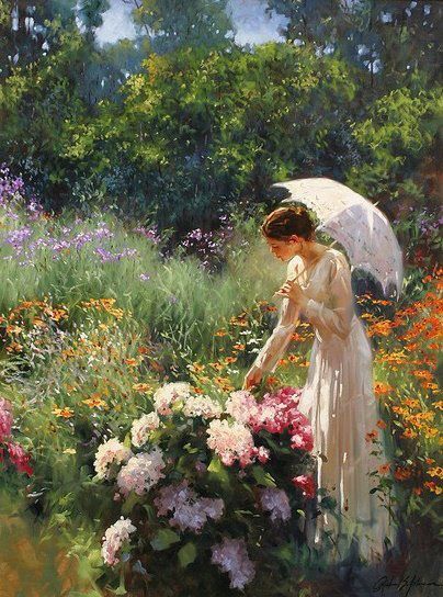 ''Walk in the garden'' Richard S Johnson Richard S Johnson, Lukisan Van Gogh, Tableau Art, Paintings I Love, Gorgeous Gardens, Romantic Art, Classical Art, The Grass, Manga Drawing