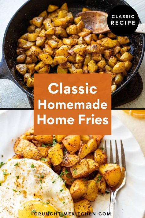 Home fries are a breakfast staple but getting the balance right between tender potatoes and crispy edges can be tricky. Here's the full-proof way to make them! crunchtimekitchen.com #breakfast #brunch #homefries #potatoes #crispypotatoes Homemade Home Fries, Eggs And Potatoes, Fries At Home, Yummy Fries, How To Make Home, Homemade Home, Home Fries, Potato Recipes Side Dishes, Classic Home