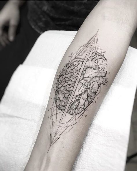 Heart Brain Tattoo Anatomy Tattoo, Science Tattoo, Minimalist Tattoo Meaning, Brain Tattoo, Tatuagem Masculina Pequena, Typography Tattoo, Medical Tattoo, Girls With Sleeve Tattoos, Herz Tattoo