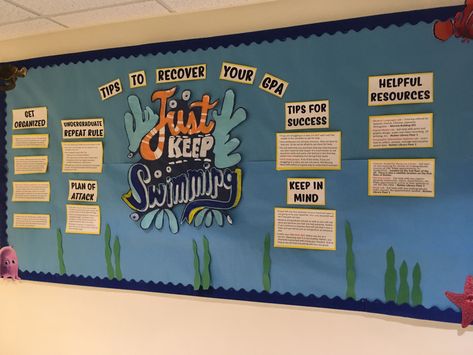 Just keep swimming bulletin board. Finding nemo themed bulletin board - RA bulletin boards - CK Swimming Bulletin Boards, College Bulletin Boards, Ra Bulletins, Ra Boards, Ra Bulletin Boards, Just Keep Swimming, Ra Ideas, Bulletin Board Ideas, Keep Swimming