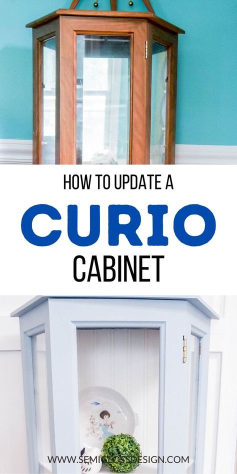 How To Redo Curio Cabinets, Upcycled Display Cabinet Ideas, Curio Cabinets Displays, Kerio Cabinet, Old Display Cabinet Makeover, Makeover Curio Cabinet, Glass Curio Cabinets Makeover, Update A Curio Cabinet, Refurbish Curio Cabinet Ideas