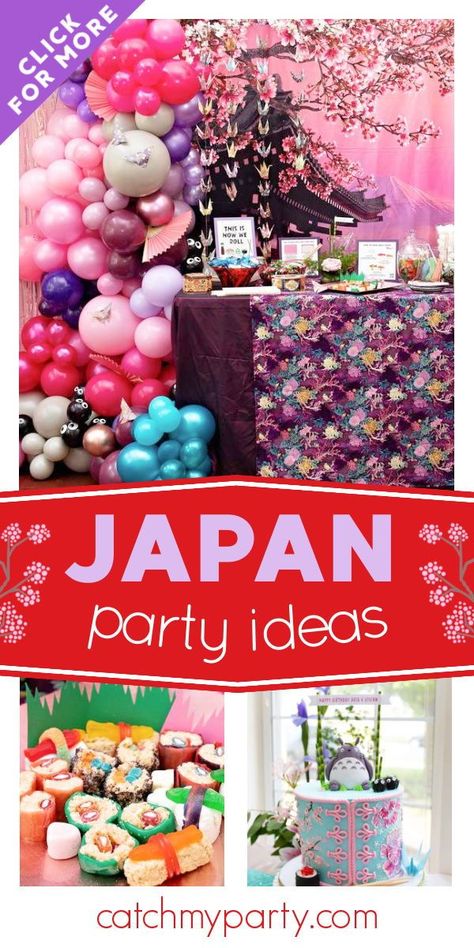 Travel the world with this wonderful Japanese themed birthday party! The birthday cake is truly amazing! See more party ideas and share yours at CatchMyParty.com Japan Party Ideas, Tokyo Birthday Party Ideas, Japan Party Theme, Japanese Party Ideas, Japanese Birthday Decorations, Japan Themed Party Decorations, Japanese Themed Birthday Party, Asian Themed Birthday Party, Japanese Sweet 16 Birthday Parties