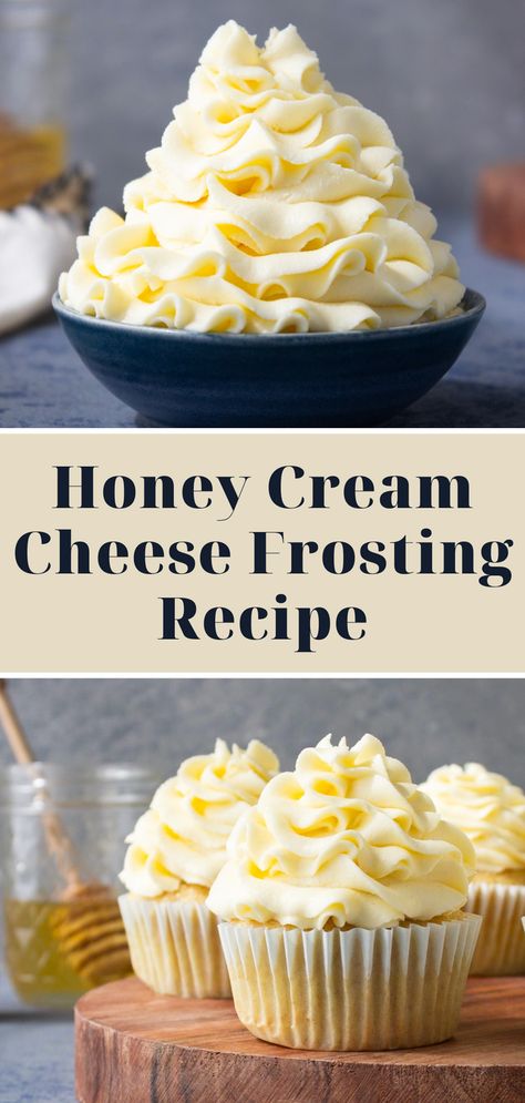 This honey cream cheese frosting recipe is super easy to make. It is just the right amount of tangy and not too sweet. Lemon Meringue Frosting, Easy Recipes To Bake Desserts, Cream Cheese Frosting With Honey, Cream Cheese Frosting Thick, Honey Butter Cream Frosting, Cream Cheese Honey Frosting, Honey Frosting Recipe, Cupcakes Frosting Recipes, Almond Frosting For Cupcakes