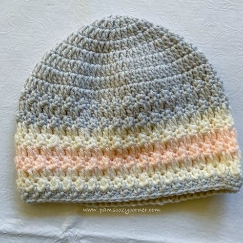 Free Beginner Friendly Crochet Beanie Hat Pattern — Pams Cozy Corner - Crochet and Knit Designer Sock Yarn Crochet Hat Pattern, Bottom Up Beanie Crochet, Crochet Hats Free Pattern In The Round, Ladies Crochet Beanie Hats Free Pattern, Crochet Hats For Charity, Bulky Yarn Hats, Ladies Beanies Crochet, Simple Crochet Hat Pattern, Crochet Easy Beanie