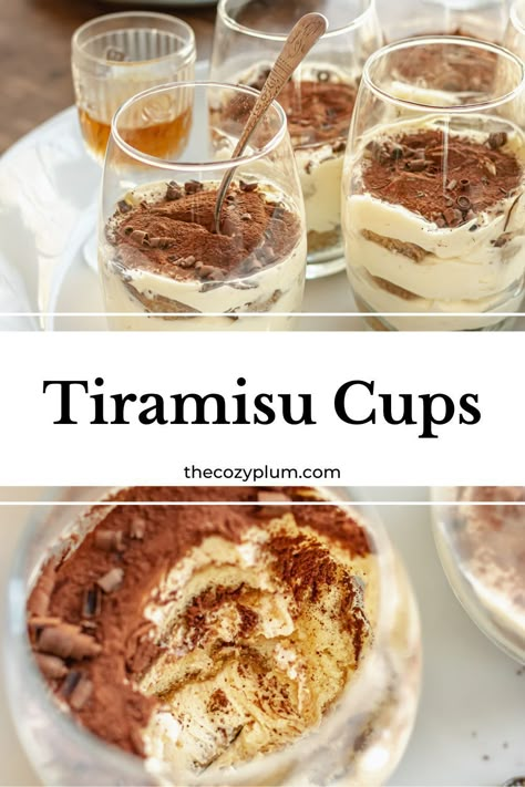 These single-serving, individual tiramisu cups are the perfect, easy, no bake dessert to make your guests feel extra special. Lady fingers are dipped in strong coffee mixed with rum and layered between a fluffy mascarpone mixture in this classic Italian dessert. Single Serve Tiramisu, Tiramisu In A Jar, Tiramisu Serving Ideas, Tiramisu Cups Recipe, Tiramisu Individual Mini Desserts, Tiramisu Cups Individual, Tiramisu Mouse, Individual Dessert Ideas, Tiramisu Shooters