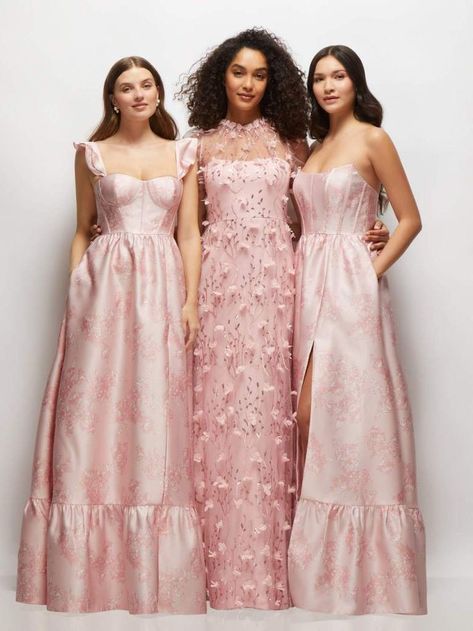 Pink Dress Wedding Bridesmaid, Unique Bridesmaids Dresses, Mix Match Pink Bridesmaid Dresses, Pink Mix And Match Bridesmaid Dresses, Quirky Bridesmaid Dresses, Entourage Gowns Bridesmaid, Mixed Fabric Bridesmaid Dresses, Different Bridesmaid Dresses Mix Match, Mismatched Bridesmaid Dresses Pink