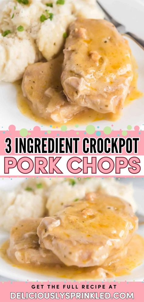 An easy crockpot meal for busy weeknights! While this 3-ingredient crockpot recipe for boneless pork chops is quick to prep, it still has great flavor. Definitely your new favorite slow cooker dinner! Boneless Pork Chops Crock Pot, Easy Crockpot Pork Chops, Slow Cooker Pork Chops Recipes, Shredded Pork Recipes, Boneless Pork Chop Recipes, Pork Crockpot Recipes, Pork Chop Recipes Crockpot, Pork Chop Recipe, Ground Pork Recipes