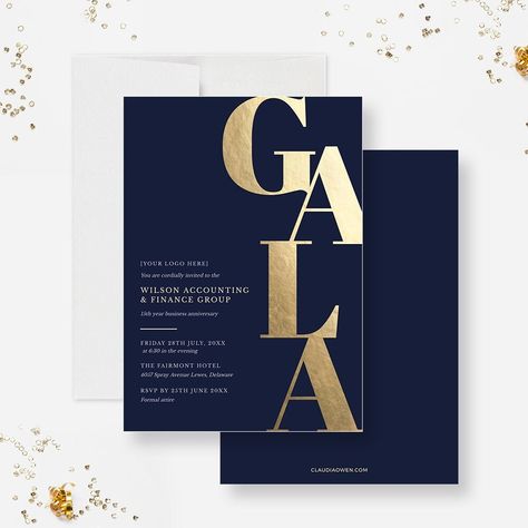 This invitation boasts a sleek and contemporary design, making it ideal for corporate and business events. The typography is bold and attention-grabbing, ensuring that the word "Gala" stands out prominently. The design not only looks professional but also conveys a sense of elegance, perfect for formal events. The card reads: GALA (this text cannot be edited) MATCHING SEThttps://claudiaowen.com/products/gala-event-printable-invite-digital-download-business-fundraiser-sponsorship-template-benefit-dinner-invitation-program-event-flyer-65517741This is a digital invitation that you can edit, save and print. You can also send it by email or text to your guestsYOU CAN EDIT THIS INVITATION IN YOUR BROWSER WITH TEMPLETTNo special software or fonts to download. Edit this template right in your brow Corporate Invitation Design, Formal Invitations, Gala Invitation, Invitation Examples, Event Programs, Gala Party, Vip Card, Save The Date Designs, Dinner Event