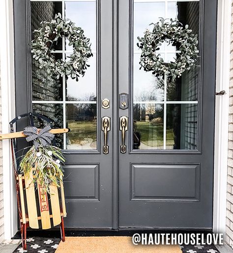 Gray Exterior Door Paint Colors, Front Door Colors Inside, Urban Bronze Front Door, Exterior Door Paint Colors, Coral Front Doors, Entry Door Colors, Gray Sherwin Williams, Exterior Front Door Colors, Painted Exterior Doors