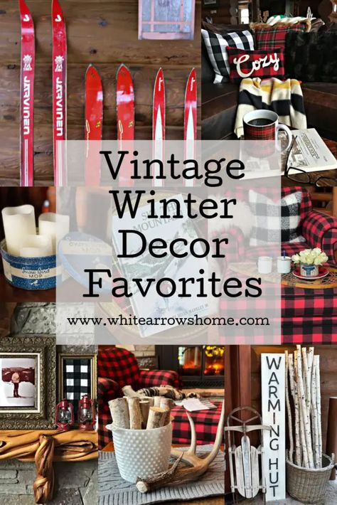 Antique Winter Decor, Vintage Snow Shoes Decor, Cabin Winter Decor, Ski Lodge Christmas Decor Ideas, Vintage Snowshoes Decor, Apres Ski Christmas Decor, January Vintage Booth Ideas, Ski Chalet Christmas Decor, Winter Interior Decor