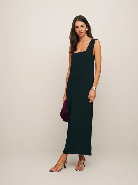 Shop black dresses from Reformation. Make space in your closet and order today. Graduation Dress Black, Smart Casuals, Athena Dresses, Smart Casual Dress, Reformation Dress, Silky Dress, Vintage Inspired Dresses, Cotton Maxi, Crepe Fabric