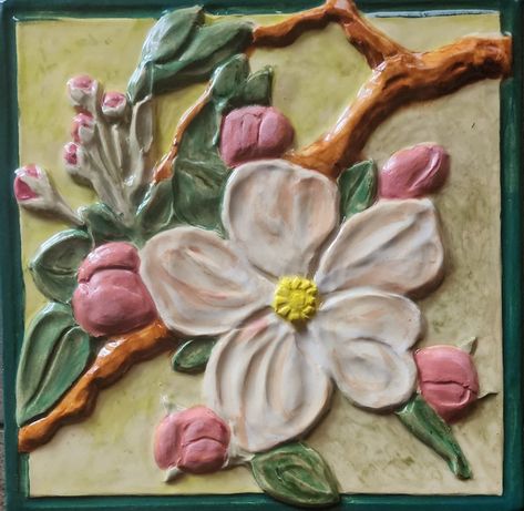 Bas Relief Art, Apple Tree Blossoms, Relief Ceramic, Ceramic Wall Art Tiles, Accent Tiles, Ceramic Tile Art, Ceramic Art Sculpture, Art Tiles, Flower Tile