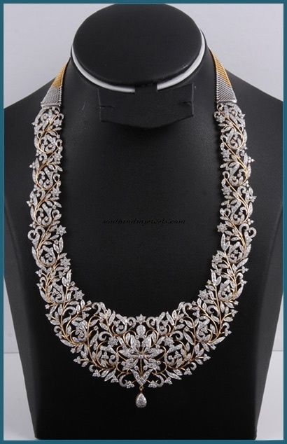 Bridal Diamond Long Necklace - South India Jewels South Indian Diamond Jewellery, Victorian Diamond Jewellery, South Indian Diamond Necklace, Diamond Haaram, South Jewellery, Bridal Diamond Necklace, Perhiasan India, Diamond Necklace Designs, Bridal Diamond Jewellery