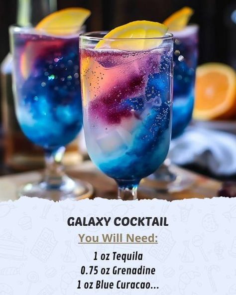 Karla's Recipes | Sip on a stunning Galaxy Cocktail tonight | Facebook Tequila Galaxy Cocktail, Glitter Drink Recipe, Alien Cocktails, Galaxy Mocktail, Galaxy Drink, Galaxy Cocktail, Galaxy Cocktail Recipe, Girls Night Cocktails, Beautiful Cocktails