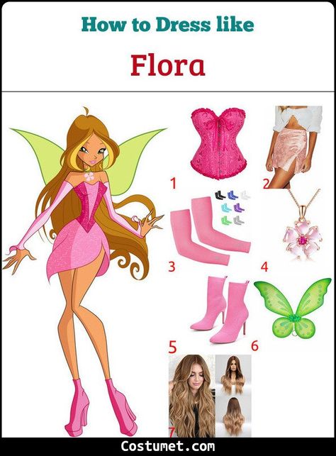 Flora (Winx Club) Costume for Cosplay & Halloween Flora Costume Ideas, Winx Club Flora Cosplay, Winx Club Outfits Flora, The Winx Club Costume, Winx Club Kostüm, Wind Club Costume, Flora Winx Halloween Costume, Disfraz Winx Club, Winx Flora Costume