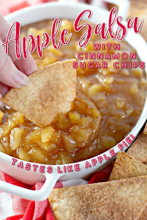 Apple Pie Dip with Cinnamon Sugar Chips is a super fun twist on the classic flavors of apple pie. Sweet apples simmered with cinnamon and sugar until soft and perfectly scoopable with homemade cinnamon sugar tortilla chips that you bake in the oven until crisp--you'll love this sweet salsa for a snack, appetizer, or dessert! Apple Pie Salsa, Apple Salsa Recipe Canning, Apple Salsa Recipe, Cinnamon Sugar Chips, Apple Pie Dip, Cinnamon Sugar Tortilla, Apple Dip Recipe, Sweet Salsa, Apple Salsa