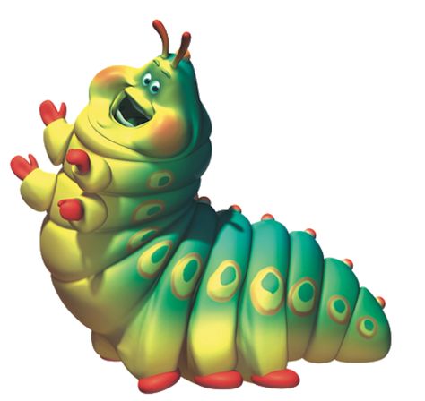 Heimlich is a caterpillar and one of the supporting characters from Disney/Pixar's 1998 film A Bug's Life. Heimlich is shown to have a gluttonous appetite and is seen eating almost all the time, especially while helping the ants construct a model bird to scare Hopper and his gang. Although brave, he still shows fear when a real bird nearly eats him. Also, when Hopper shouts at the approaching circus wagon, he frightens Heimlich who says he thinks he's going to wet himself. A Bugs Life Characters, Bugs Life, Circus Performers, A Bug's Life, Arte Disney, The Circus, Disney Tattoos, Monsters Inc, Disney Drawings