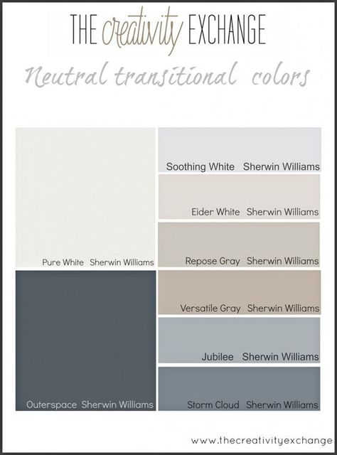 Sherwin Williams Outerspace, Storm Cloud, Jubilee, Versatile Gray, Repose Gray, Eider White Soothing White, Pure White... has photos of rooms with these colors: Eider White Sherwin Williams, Sherwin Williams Storm Cloud, Transitional Color Palette, Pure White Sherwin Williams, The Creativity Exchange, Eider White, Repose Gray Sherwin Williams, Interior Paint Colors Schemes, Sherwin Williams Gray