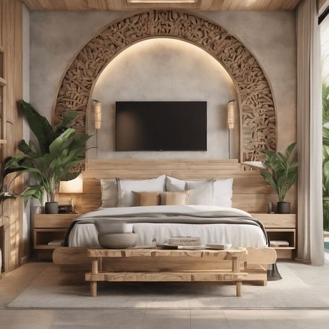 Ultra realistic photo of Modern take on upscale bali inspired small condo white cream stone, light wwoodl round arches interor view of bedroom withtropical foliage #ai #aiart # Arch Bedroom Design, Cream Boho Bedroom, Small Hotel Room Design, Modern Spanish Bedroom, Bali Style Bedroom, Arch Bedroom, Ultra Modern Bedroom, Desert Villa, Greek Bedroom