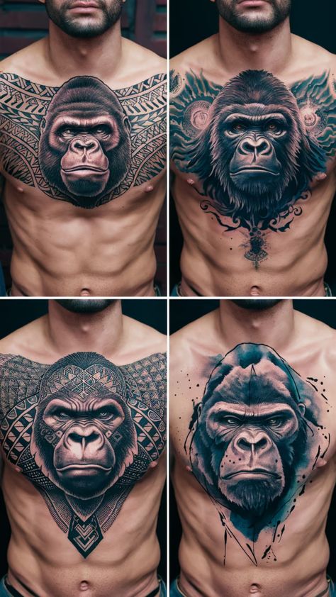 A picture of a top gorilla chest tattoo idea for a unique style. Gorilla Chest Tattoo Men, Gorilla Chest Tattoo, Fierce Tattoo, Jungle Tattoo, Chest Tattoo Ideas, Gorilla Tattoo, Upper Back Tattoos, Chest Tattoos, Chest Tattoo Men